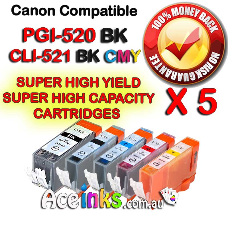 5 Combo Compatible Canon PGI-520BK/CLI-521 C/M/Y/BK